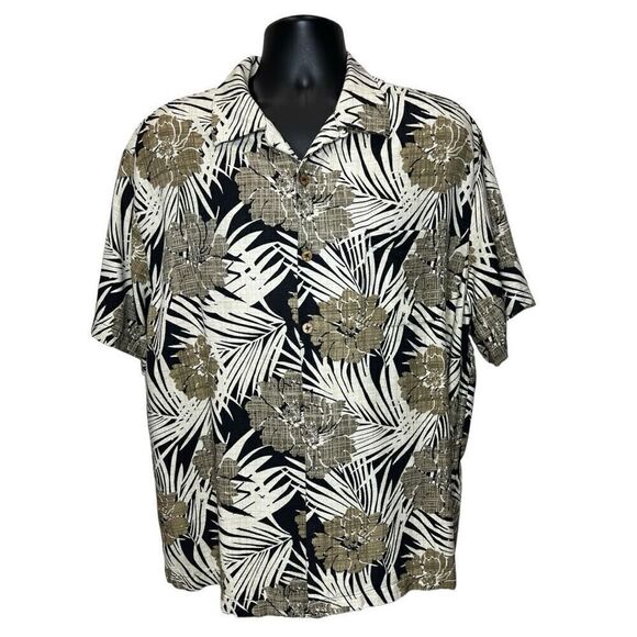Caribbean Pure Silk Men's Short Sleeve Shirt Tropical Print Black Tan Cream XL - Picture 1 of 7